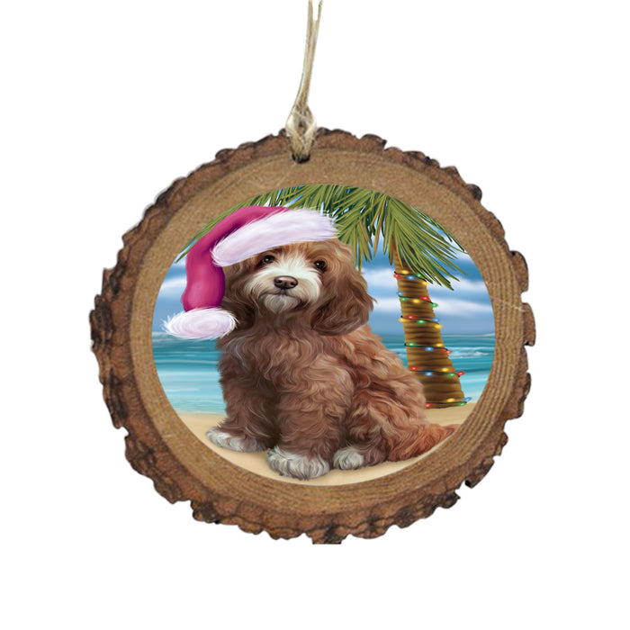 Summertime Happy Holidays Christmas Cockapoo Dog on Tropical Island Beach Wooden Christmas Ornament WOR49359