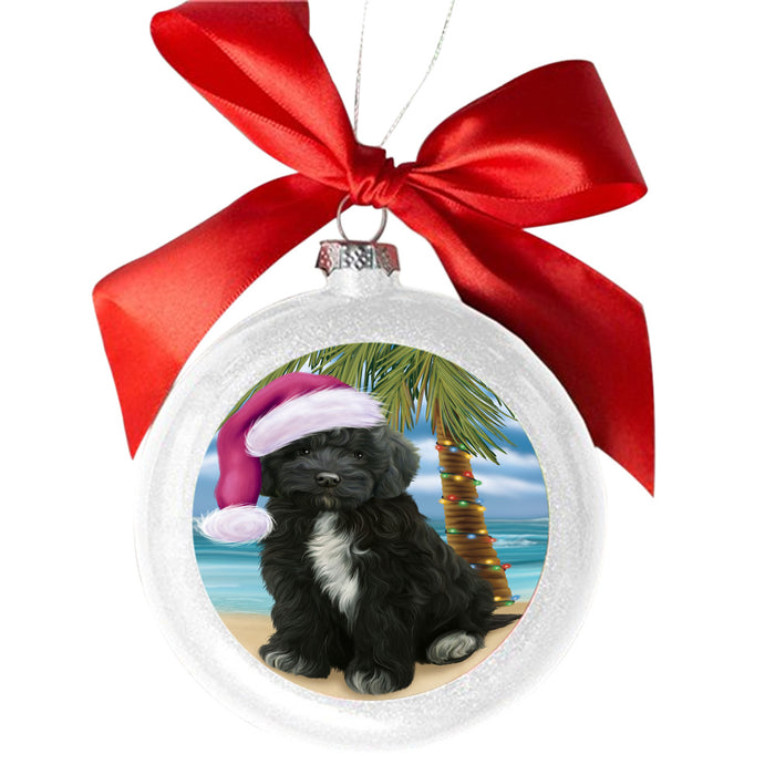 Summertime Happy Holidays Christmas Cockapoo Dog on Tropical Island Beach White Round Ball Christmas Ornament WBSOR49360