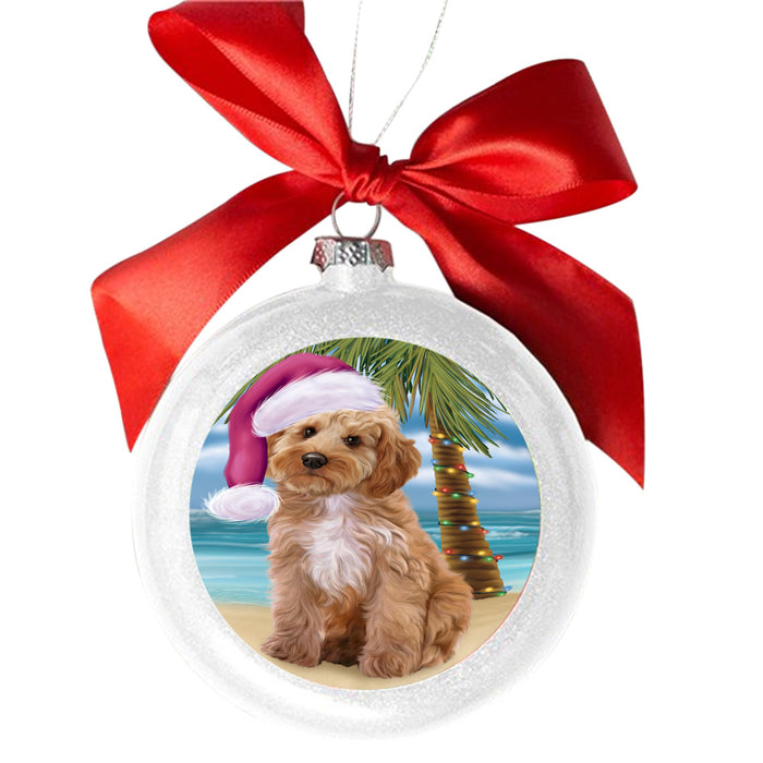 Summertime Happy Holidays Christmas Cockapoo Dog on Tropical Island Beach White Round Ball Christmas Ornament WBSOR49361