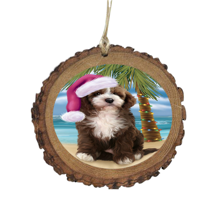 Summertime Happy Holidays Christmas Cockapoo Dog on Tropical Island Beach Wooden Christmas Ornament WOR49362