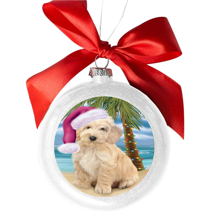 Summertime Happy Holidays Christmas Cockapoo Dog on Tropical Island Beach White Round Ball Christmas Ornament WBSOR49363