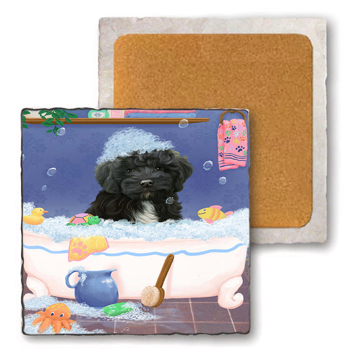 Rub A Dub Dog In A Tub Cockapoo Dog Set of 4 Natural Stone Marble Tile Coasters MCST52350