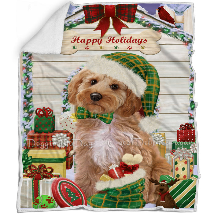 Happy Holidays Christmas Cockapoo Dog House with Presents Blanket BLNKT142060