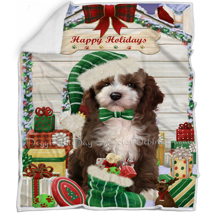 Happy Holidays Christmas Cockapoo Dog House with Presents Blanket BLNKT142061