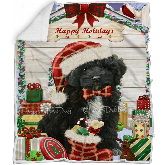 Happy Holidays Christmas Cockapoo Dog House with Presents Blanket BLNKT142062