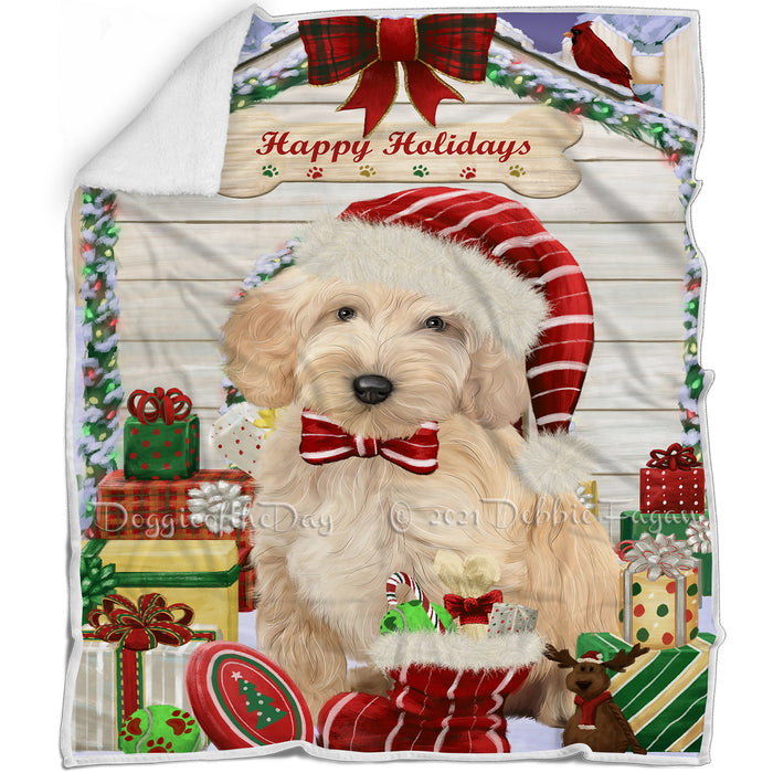 Happy Holidays Christmas Cockapoo Dog House with Presents Blanket BLNKT142063