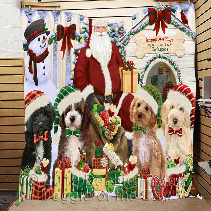 Happy Holidays Christmas Cockapoo Dogs House Gathering Quilt