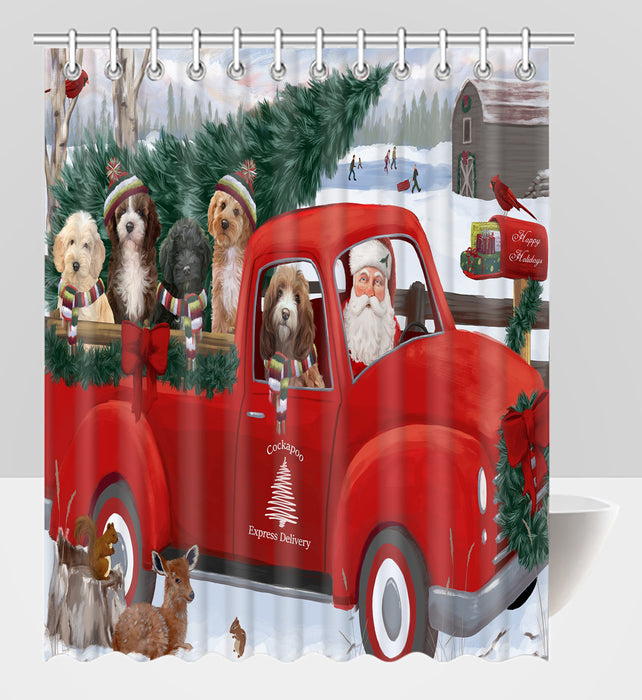 Christmas Santa Express Delivery Red Truck Cockapoo Dogs Shower Curtain