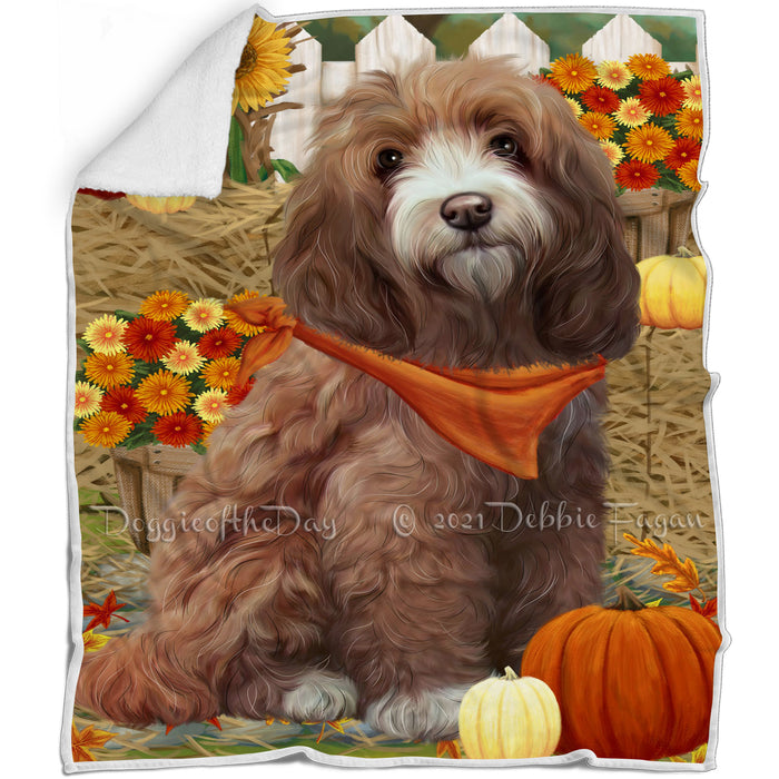 Fall Autumn Greeting Cockapoo Dog with Pumpkins Blanket BLNKT87132