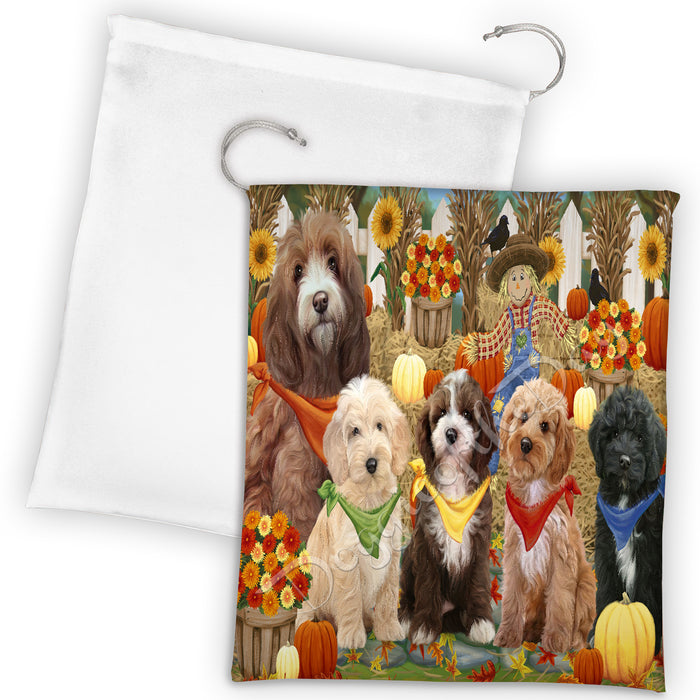 Fall Festive Harvest Time Gathering Cockapoo Dogs Drawstring Laundry or Gift Bag LGB48395