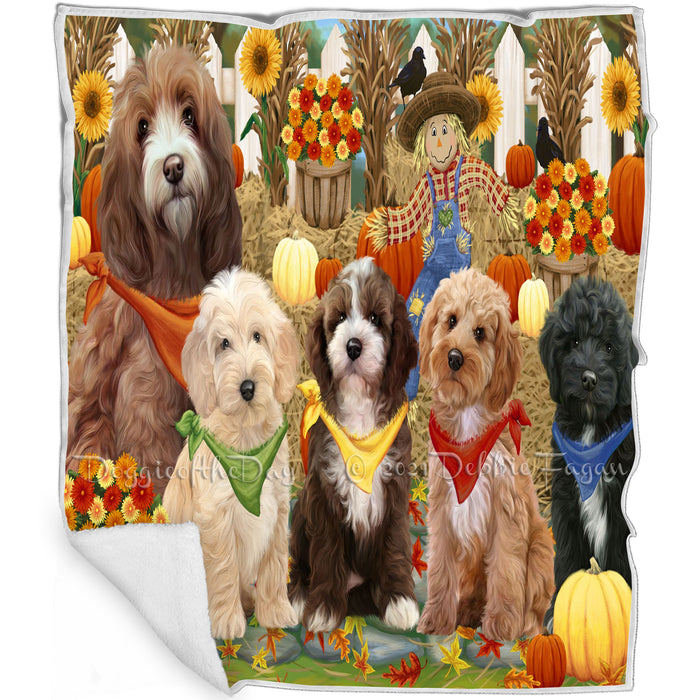 Fall Festive Gathering Cockapoo Dogs with Pumpkins Blanket BLNKT142404