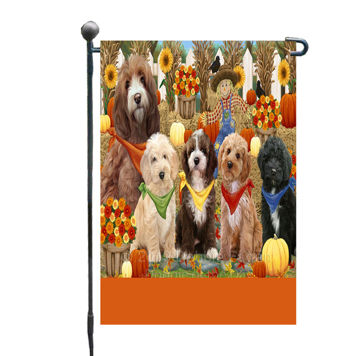 Personalized Fall Festive Gathering Cockapoo Dogs with Pumpkins Custom Garden Flags GFLG-DOTD-A61886