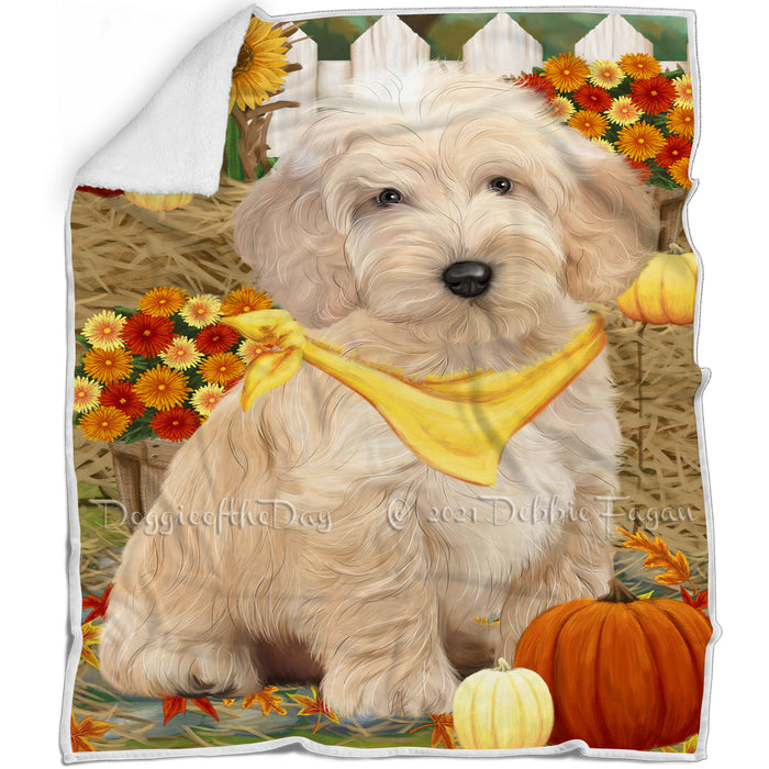 Fall Autumn Greeting Cockapoo Dog with Pumpkins Blanket BLNKT87141