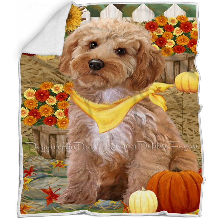 Fall Autumn Greeting Cockapoo Dog with Pumpkins Blanket BLNKT87150