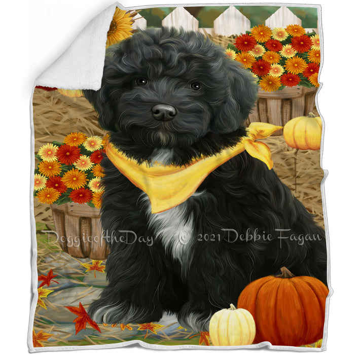Fall Autumn Greeting Cockapoo Dog with Pumpkins Blanket BLNKT87159