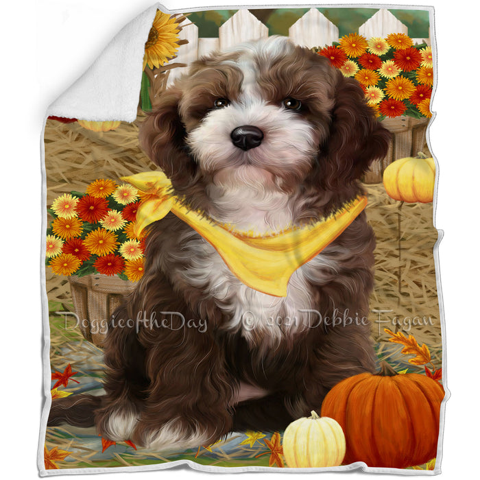 Fall Autumn Greeting Cockapoo Dog with Pumpkins Blanket BLNKT87168