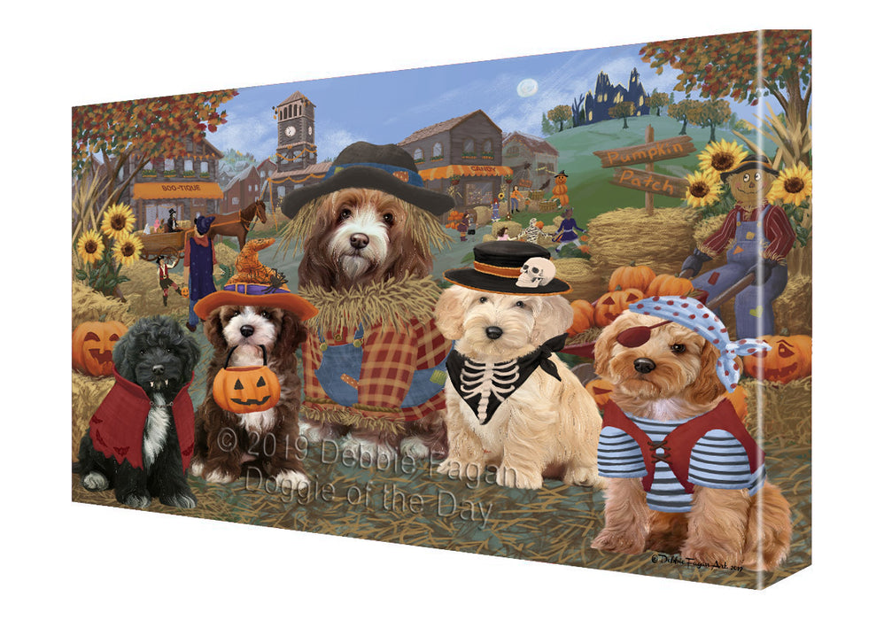 Halloween 'Round Town And Fall Pumpkin Scarecrow Both Cockapoo Dogs Canvas Print Wall Art Décor CVS139499