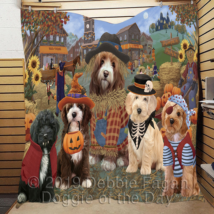 Halloween 'Round Town and Fall Pumpkin Scarecrow Both Cockapoo Dogs Quilt