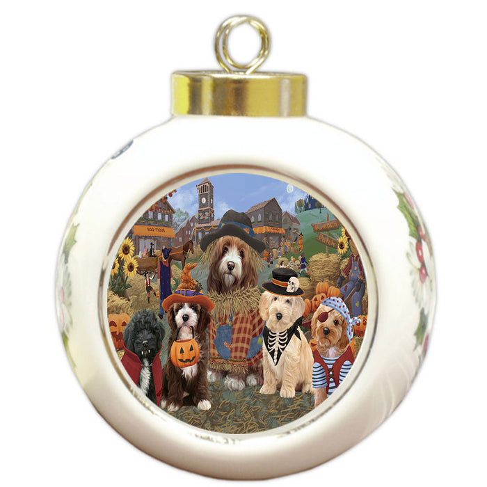 Halloween 'Round Town And Fall Pumpkin Scarecrow Both Cockapoo Dogs Round Ball Christmas Ornament RBPOR57394