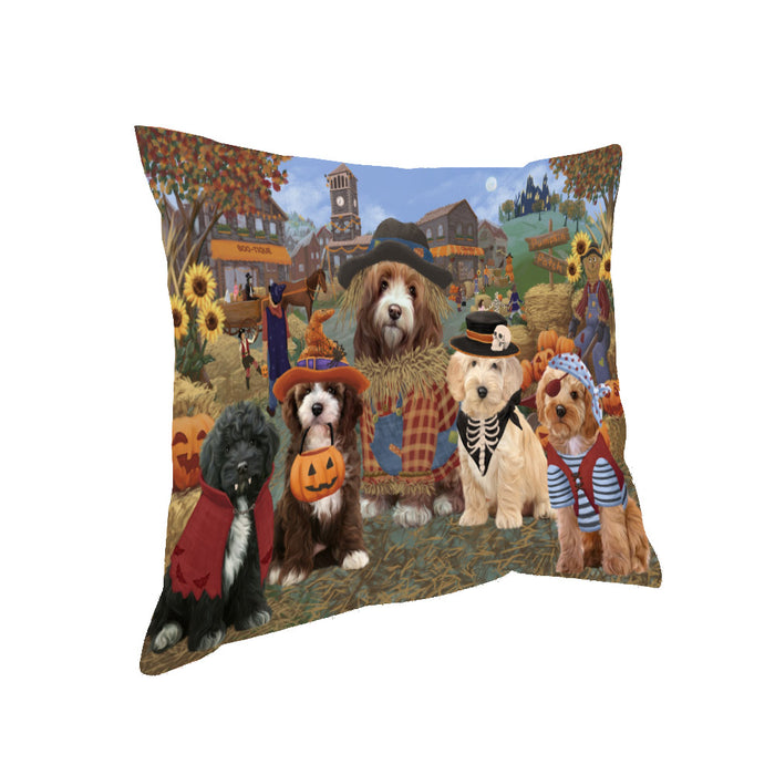 Halloween 'Round Town And Fall Pumpkin Scarecrow Both Cockapoo Dogs Pillow PIL82360