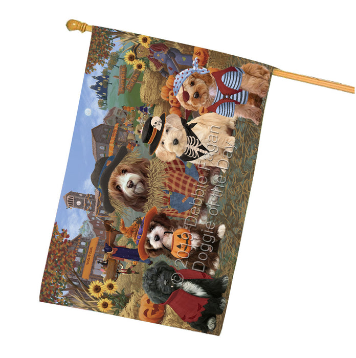Halloween 'Round Town And Fall Pumpkin Scarecrow Both Cockapoo Dogs House Flag FLG65646