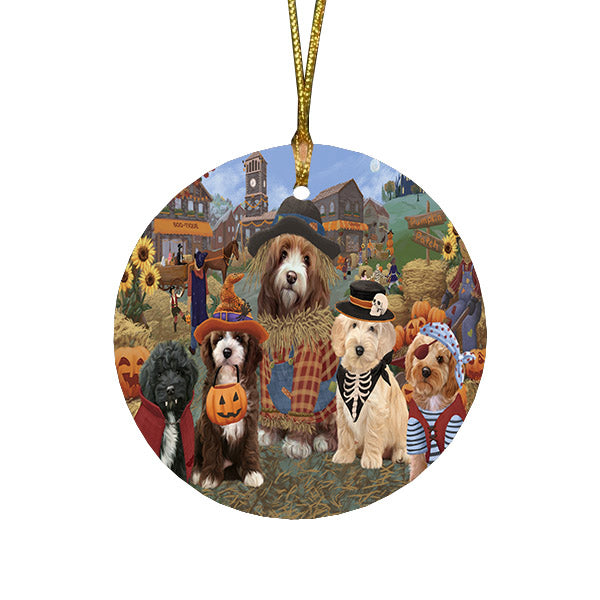 Halloween 'Round Town And Fall Pumpkin Scarecrow Both Cockapoo Dogs Round Flat Christmas Ornament RFPOR57394