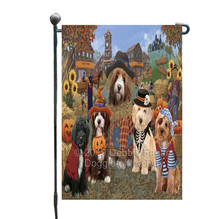 Halloween 'Round Town And Fall Pumpkin Scarecrow Both Cockapoo Dogs Garden Flag GFLG65590