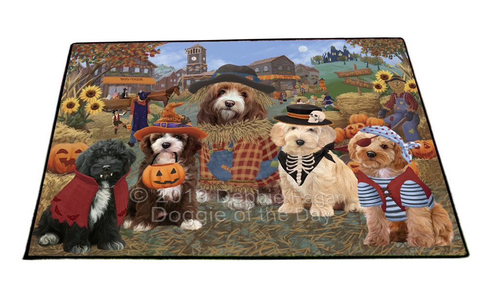 Halloween 'Round Town And Fall Pumpkin Scarecrow Both Cockapoo Dogs Floormat FLMS53915