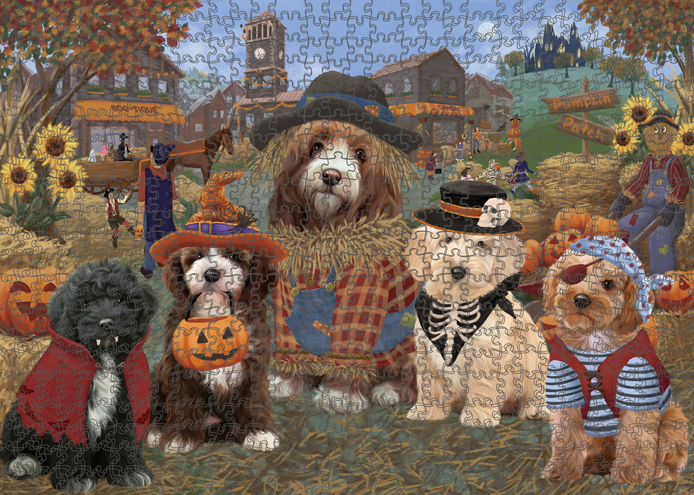 Halloween 'Round Town And Fall Pumpkin Scarecrow Both Cockapoo Dogs Puzzle with Photo Tin PUZL96268