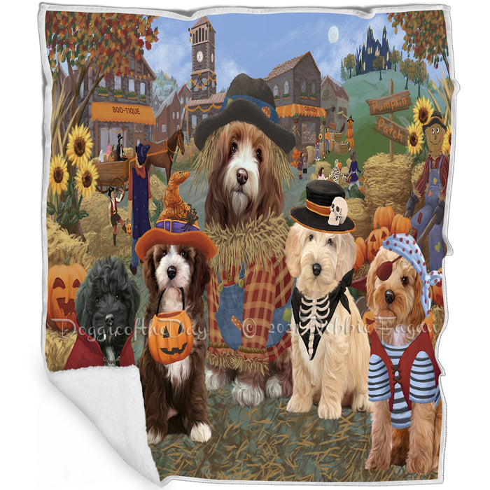 Halloween 'Round Town And Fall Pumpkin Scarecrow Both Cockapoo Dogs Blanket BLNKT138872