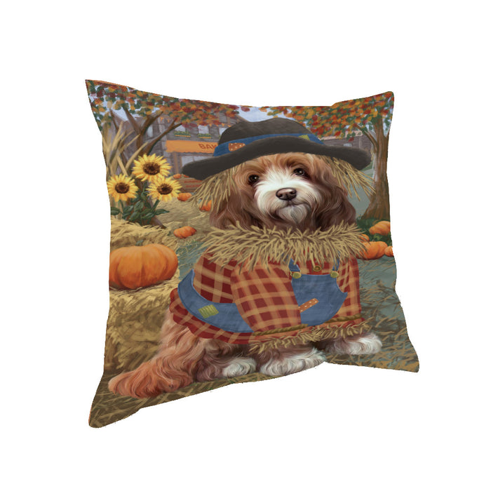 Halloween 'Round Town And Fall Pumpkin Scarecrow Both Cockapoo Dogs Pillow PIL82604