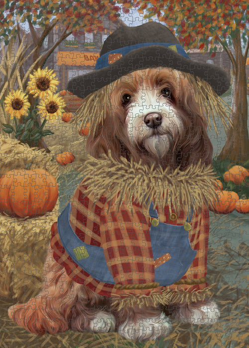 Halloween 'Round Town And Fall Pumpkin Scarecrow Both Cockapoo Dogs Puzzle with Photo Tin PUZL96512