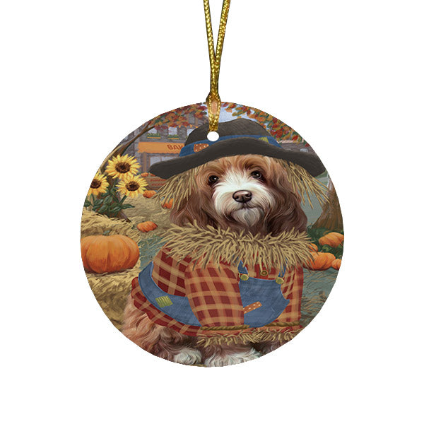 Halloween 'Round Town And Fall Pumpkin Scarecrow Both Cockapoo Dogs Round Flat Christmas Ornament RFPOR57455