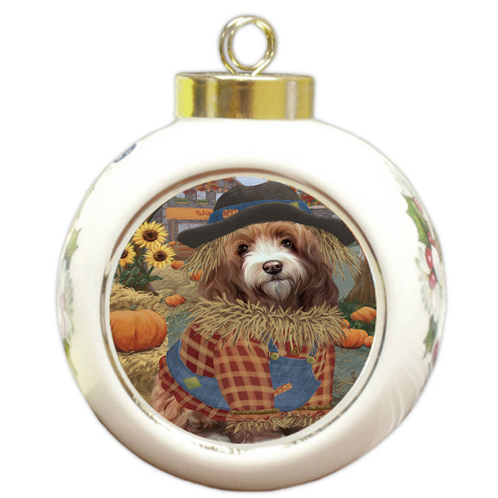 Halloween 'Round Town And Fall Pumpkin Scarecrow Both Cockapoo Dogs Round Ball Christmas Ornament RBPOR57455