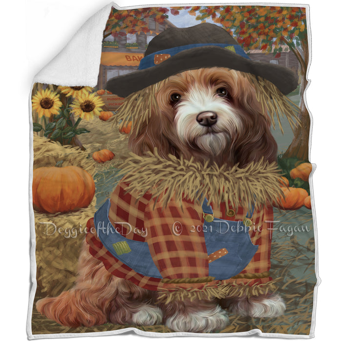 Halloween 'Round Town And Fall Pumpkin Scarecrow Both Cockapoo Dogs Blanket BLNKT139421