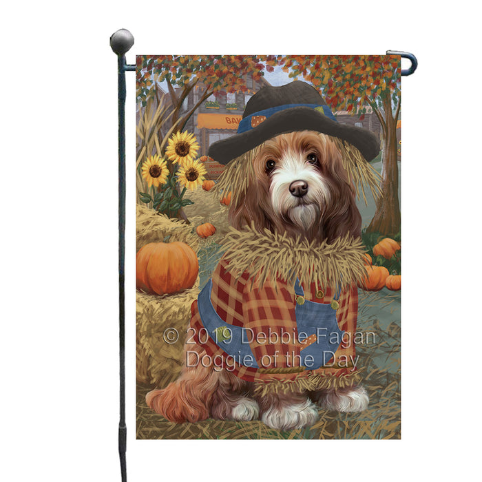 Halloween 'Round Town And Fall Pumpkin Scarecrow Both Cockapoo Dogs Garden Flag GFLG65651