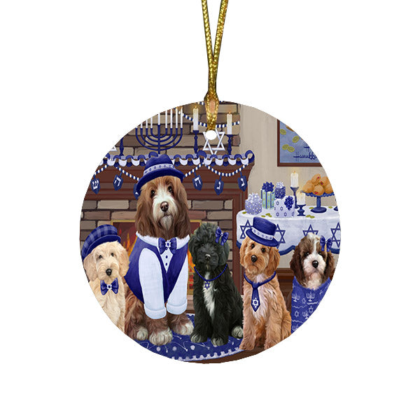 Happy Hanukkah Family and Happy Hanukkah Both Cockapoo Dogs Round Flat Christmas Ornament RFPOR57516