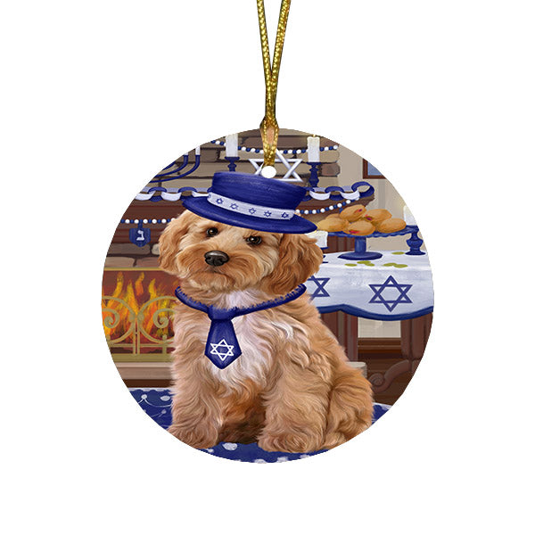 Happy Hanukkah Family and Happy Hanukkah Both Cockapoo Dog Round Flat Christmas Ornament RFPOR57572