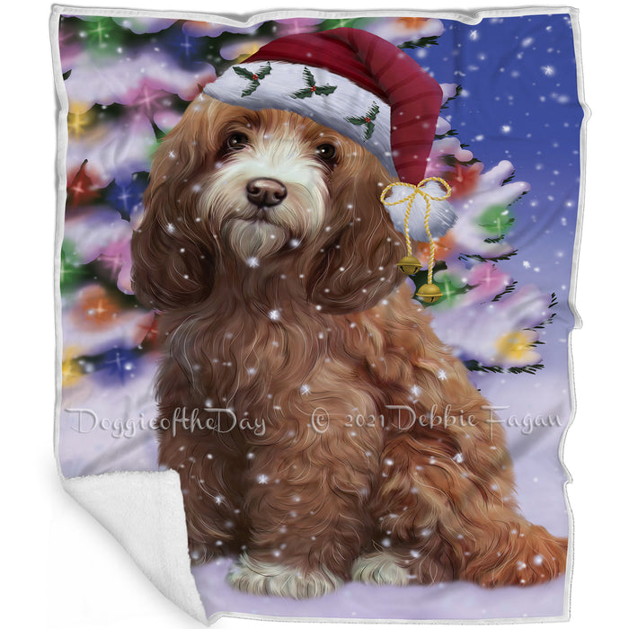 Winterland Wonderland Cockapoo Dog In Christmas Holiday Scenic Background Blanket BLNKT101037