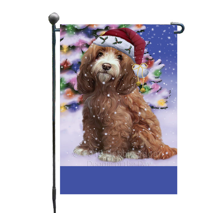 Personalized Winterland Wonderland Cockapoo Dog In Christmas Holiday Scenic Background Custom Garden Flags GFLG-DOTD-A61289