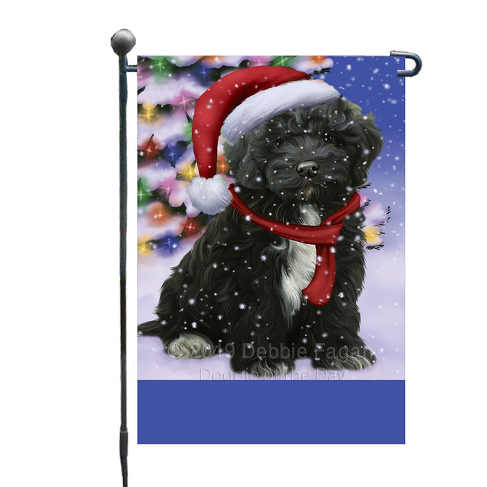 Personalized Winterland Wonderland Cockapoo Dog In Christmas Holiday Scenic Background Custom Garden Flags GFLG-DOTD-A61290