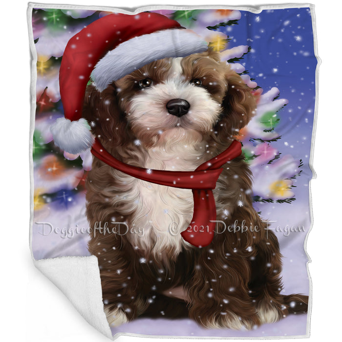 Winterland Wonderland Cockapoo Dog In Christmas Holiday Scenic Background Blanket BLNKT101064