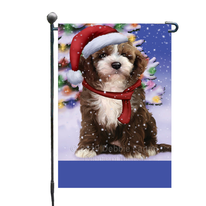 Personalized Winterland Wonderland Cockapoo Dog In Christmas Holiday Scenic Background Custom Garden Flags GFLG-DOTD-A61292