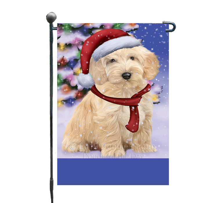 Personalized Winterland Wonderland Cockapoo Dog In Christmas Holiday Scenic Background Custom Garden Flags GFLG-DOTD-A61293