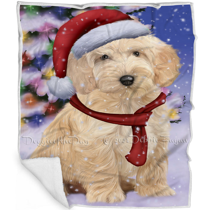 Winterland Wonderland Cockapoo Dog In Christmas Holiday Scenic Background Blanket BLNKT101073