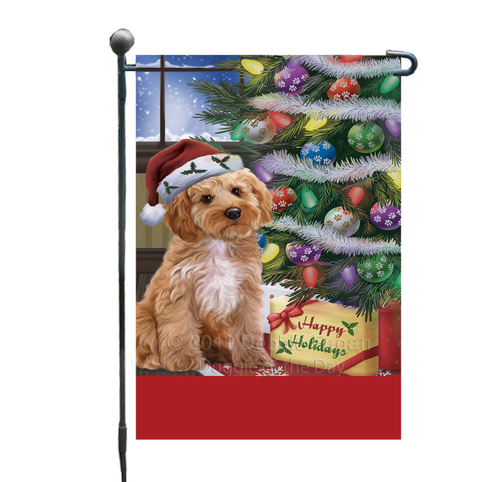 Personalized Christmas Happy Holidays Cockapoo Dog with Tree and Presents Custom Garden Flags GFLG-DOTD-A58618