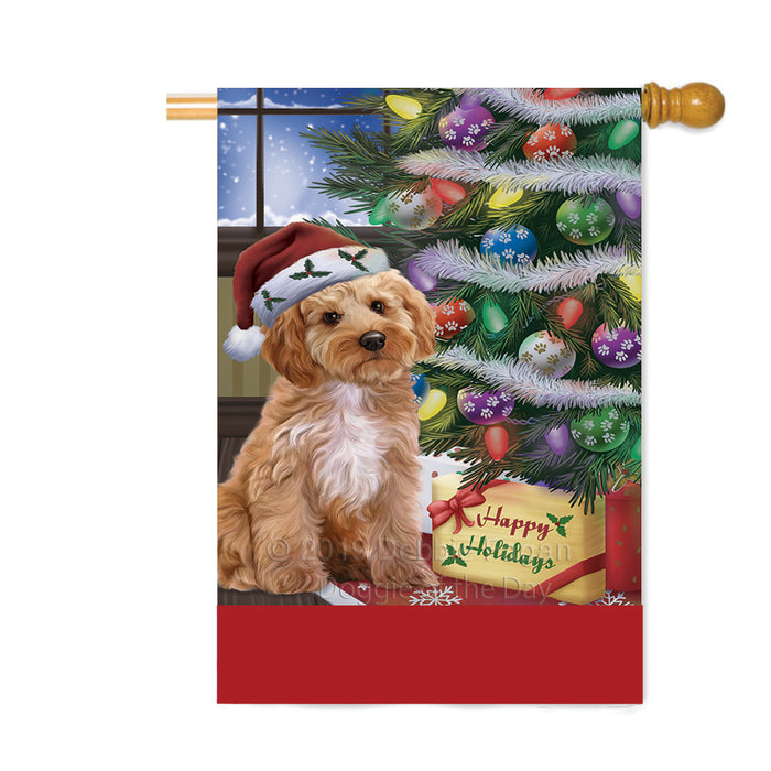 Personalized Christmas Happy Holidays Cockapoo Dog with Tree and Presents Custom House Flag FLG-DOTD-A58674