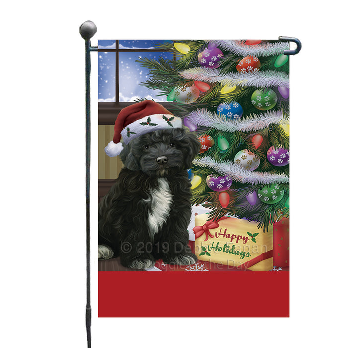 Personalized Christmas Happy Holidays Cockapoo Dog with Tree and Presents Custom Garden Flags GFLG-DOTD-A58619