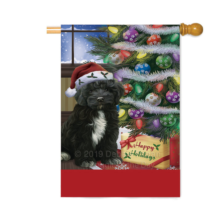 Personalized Christmas Happy Holidays Cockapoo Dog with Tree and Presents Custom House Flag FLG-DOTD-A58675