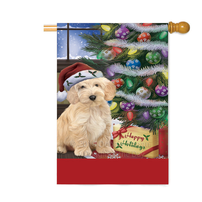 Personalized Christmas Happy Holidays Cockapoo Dog with Tree and Presents Custom House Flag FLG-DOTD-A58676